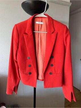 Mango Women's Bright Red Double-Breasted Cropped Blazer